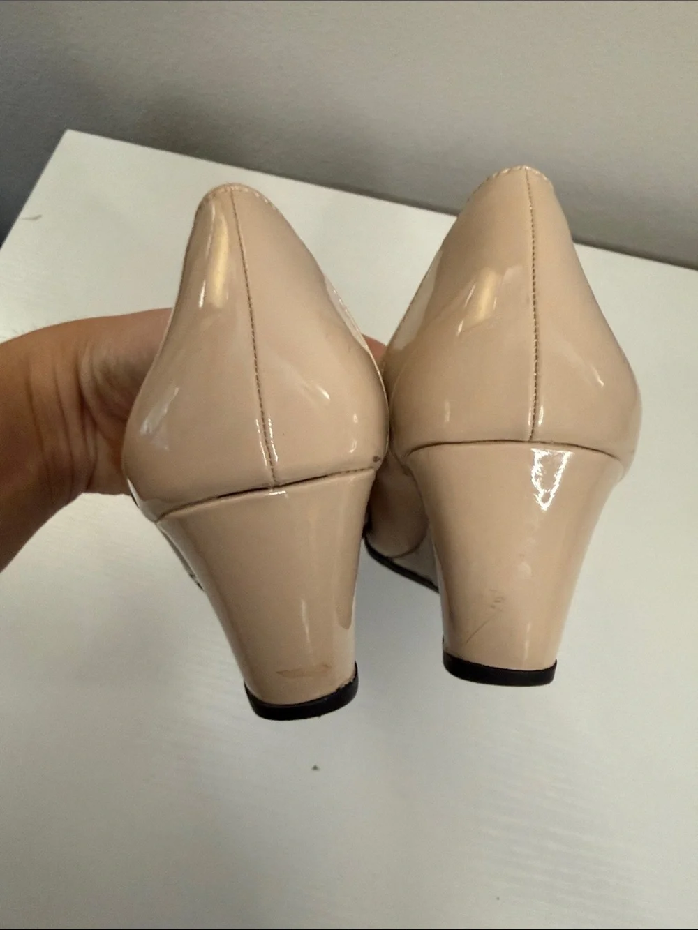 Life Stride Beige Patent Wedge Pumps